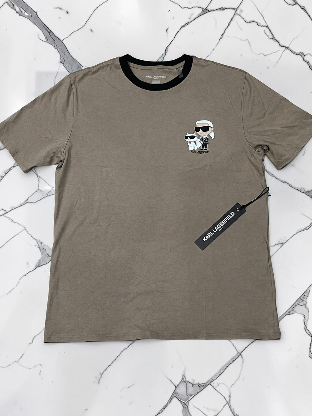 Karl Lagerfeld Paris Men’s Taupe Ikonik Karl & Choupette Graphic T-Shirt Size L